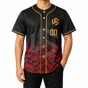 เสื้อเบสบอลสีดำแบบยูนิเซ็กซ์ พิมพ์ลายดอกไม้สีแดง แต่งสีทอง ระบายเหงื่อได้ดี แขนสั้น ทรงปกติ ไซส์พลัส - Product Image 1