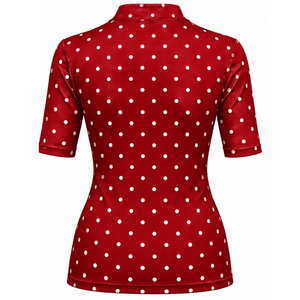 T-shirt Femme Rouge à Pois Col Montant Manches Courtes Coupe Ajustée Extensible Imprimé Décontracté Tendance Vêtement d'Été Vente en Gros Personnalisé - Product Image 2