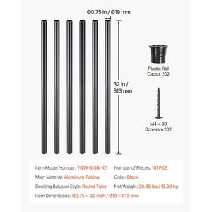 Confezione da 101 Balaustre per Scale in Alluminio da 32 Pollici, 3/4 Impermeabili, Perni Metallici per Ringhiera, Ringhiera Cava per Terrazze, Componenti per Scale - Product Image 3