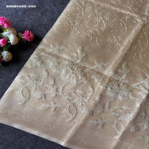 Best Fabric Banarasi Checks with Embroidery Floral Applique work-Rich Zari Woven Pallu with Tassels <b>Saree</b>-<b>Blouse</b> Indian Exporter - Product Image 1