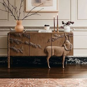 Buffet console en bois sculpté, meuble de rangement en bois massif, style farmhouse, pour chambre, entrée, salon, meuble antique - Product Image 1