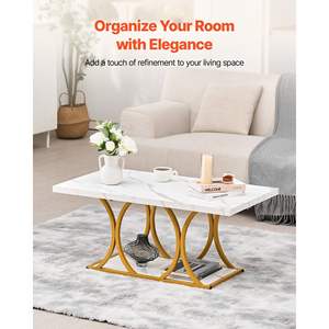 Modern 2-Tier <b>White</b> Faux Marble <b>Coffee</b> <b>Table</b> Minimalist Metal Frame Geometric Legs Easy Assembly Accent End Desk for Living Room - Product Image 2