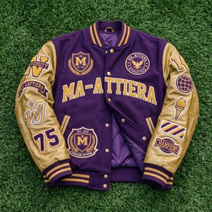 <b>Purple</b> Gold Letterman Jacket Wool Body Leather Sleeves Embroidered Patches Snap Button Custom OEM ODM Wholesale - Product Image 6