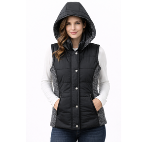 Veste matelassée noire sans manches à capuche pour femme – Gilet d'hiver isolé avec fermeture éclair et boutons-pression, en tricot contrastant - Product Image 1