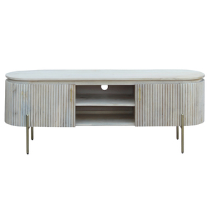 Modern Luxury Nordic <b>Oval</b> Solid Wood <b>TV</b> <b>Stand</b> Modern Japandi Entertainment Center with Fluted Tambour Doors and Brass Legs - Product Image 1