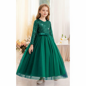 Robe de soirée princesse exclusive en velours vert brodée de sequins et de dentelle douce à col en V pour filles, vente en gros OEM ODM - Product Image 6