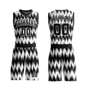 Ensemble de maillots de basket-ball personnalisés noir et blanc à motif zigzag, sublimation, motif flamme, uniforme pour hommes, vêtements de sport respirants pour équipe - Product Image 1