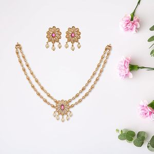 Gold Plated Zinc Alloy <b>Necklace</b> Earring Headpiece <b>Set</b> Pink Zircon Flower Design Imitation <b>Pearls</b> Women's Wedding Jewelry Classic - Product Image 5