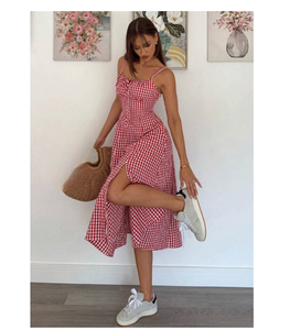 Vestido Bustier Rojo con Estampado Floral y Cuadros, para Mujer, Maxi/Midi, Ligero, Cómodo, para Verano, Picnic, Fiesta, Playa, Salidas Diarias, Casual - Product Image 3