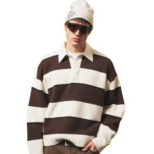 Men Stripe Knit Polo Shirt Neutral Brown Contrast Collar <b>Long</b> <b>Sleeve</b> Pullover Casual Winter <b>Top</b> Cotton Blend OEM - Product Image 3