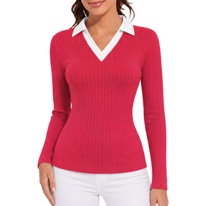 Camisa de Mujer Azul Sólido de Manga Tres Cuartos Estilo Vintage con Cuello Blanco, Tejido Casual de Spandex/Poliéster Transpirable de Secado Rápido - Product Image 1