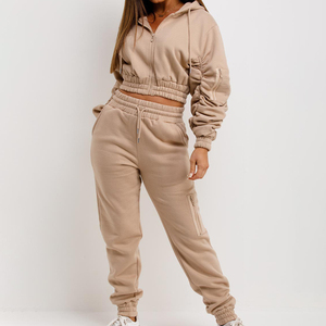 Ensemble de survêtement beige pour femme, sweat à capuche court avec cordon de serrage, pantalon de jogging à manches longues, couleur unie, coupe décontractée, tenue d'automne - Product Image 1