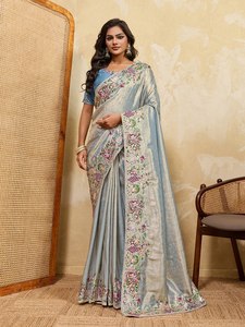 Sari Moderno de Invierno para Mujer con Bordado Floral de Diseño |   Sari de Lujo para Fiesta o Boda con Blusa |   Étnico Indio Premium - Product Image 3