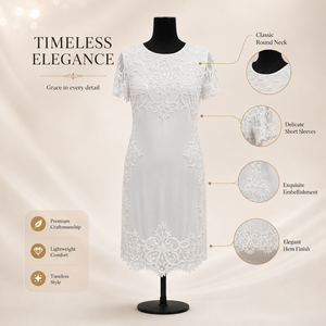 Elegant White Embroidered Lace Midi Dress for Women Round Neck Short Sleeve Party Cocktail Wedding Evening Formal Summer Dress - Product Image 5