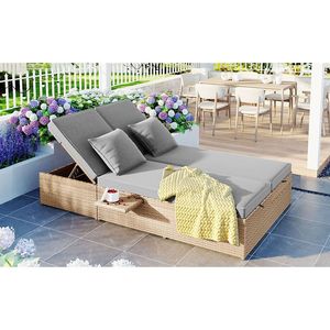 Lettino Prendisole Doppio da Esterno in Rattan Intrecciato con Schienale Regolabile, Set Conversazione per 2 Persone, Sedie a Sdraio - Product Image 4