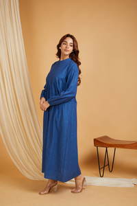 Breezy Sky Blue Cotton Maxi <b>Dress</b> Featuring Long Sleeves Stand Collar and Pleated Flowing Silhouette for Summer Casual Wear - Product Image 1