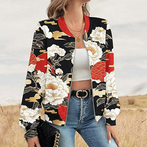 New <b>Womens</b> Woven Bomber <b>Jacket</b> Stylish Long Sleeve Lightweight Modern Casual Fashion Floral Print Customizable - Product Image 6