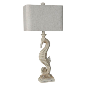 Lampe de table Seahorse avec abat-jour rectangulaire en tissu blanc cassé, éclairage décoratif côtier pour chambre à coucher, base en résine - Product Image 1