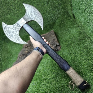 Hache à double tête en acier au carbone forgée à la main, manche en bois, outil de camping extérieur, vente en gros, fabricant OEM - Product Image 2