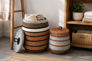Striped <b>Plant</b> Fiber Eco-Friendly Storage <b>Baskets</b> Set with Handles Bowl Shape Rustic Multi-Purpose Home Decor - Product Image 5