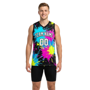 Ensemble uniforme de basketball pour homme, comprenant un maillot à motif éclaboussures et un short uni ajusté, col en V, sans manches, respirant, avec nom d'équipe et numéros de joueur - Product Image 1