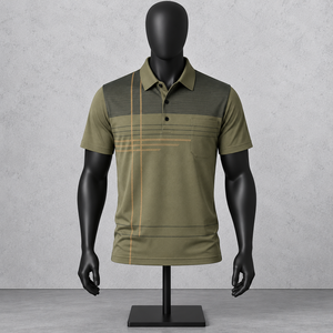 Men's Olive Green Short Sleeve <b>Polo</b> <b>Shirt</b> With <b>Striped</b> Pattern And Chest Pocket Casual Woven Design - Product Image 1