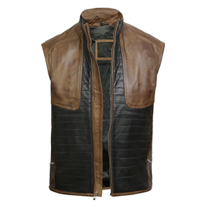 <b>Men's</b> Brown Black Genuine Leather Quilted <b>Vest</b> Stand Collar Full Zip Moto Biker Style Autumn Outerwear OEM Leather <b>Vest</b> - Product Image 3