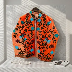 Chaqueta Blusón de Terciopelo Bordada a Mano Silkgram, Cuello Alto, Manga Larga, Diseño Floral, Naranja, Negro, Azul, 100% Algodón - Product Image 1