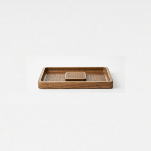 Mango Wood Engraved Geometric Serving Tray Coaster Set <b>Coffee</b> <b>Table</b> Handcrafted Walnut Finish Biodegradable Modern Luxury Party - Product Image 3