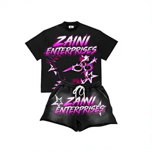เสื้อยืดและกางเกงขาสั้นผ้าฝ้ายพรีเมียม 240 GSM สีดำ สไตล์สตรีทแวร์ ทรงโอเวอร์ไซส์ พิมพ์ลายแบบซับลิเมชั่น รับทำโลโก้ตามสั่ง OEM - Product Image 1
