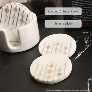 Marble Coasters <b>Set</b> of <b>4</b> with Holder Pearl & Brass Inlay <b>Dining</b> <b>Table</b> Coasters <b>for</b> Hot Pots Coffee Mugs Decorative Home Decor - Product Image 2