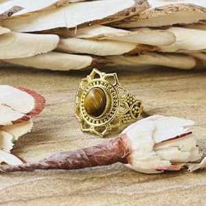 Hot Selling Flower Shape Brass <b>Ring</b> Tiger Eye Gold Plated <b>Statement</b> <b>Ring</b> Vintage Tribal Boho Floral Design Wholesale Women <b>Ring</b> - Product Image 5