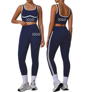 Wholesales Famous Brand Fashion Solid Striped Breathable <b>Yoga</b> <b>Pilates</b> Stretch Seamless Ribbed Set for Women Gym Wear Leggings - Product Image 5