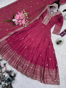 Traje Anarkali de seda brillante de diseñador, con bordado y lentejuelas, dupatta de 2.20 metros, completamente cosido, vestido de fiesta, venta al por mayor. - Product Image 6