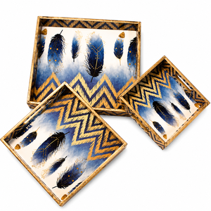 Ensemble de 3 plateaux de service en bois faits à la main – Plateaux décoratifs imprimés or pour la table et la décoration intérieure - Product Image 4