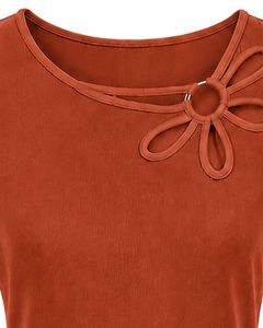 Manufacturer Rust Orange Women Casual Summer Blouse Elegant Flower Neck Short Sleeve Fashion Loose Fit Daily Wear <b>Top</b> Apparel - Product Image 5