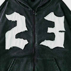 Hoodie d'hiver tendance en coton épais délavé à l'acide avec patchs, coupe oversize - Product Image 4