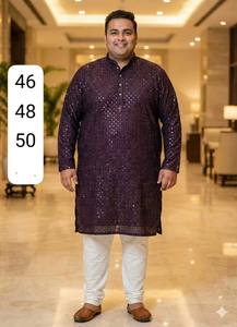 Ensemble Kurta Pajama Chikankari ethnique gujarati pour homme, qualité export, confortable, idéal pour les fêtes et les festivals, disponible à la vente. - Product Image 3