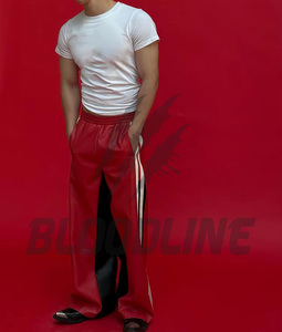 Men Red Polyester Track <b>Pants</b> With White And Black Side Stripes Breathable All Seasons Wear - Product Image 3