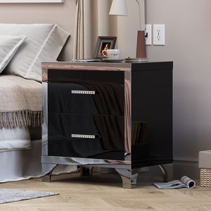 Mesita de Noche Moderna con Acabado Brillante y Espejo, con 2 Cajones y Tiradores de Madera y Metal - Product Image 1