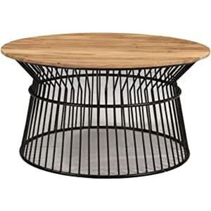 Mesa de Centro Redonda de Madera Maciza de Alta Calidad con Base Metálica Geométrica, Acabado Natural, Madera de Teca - Product Image 1