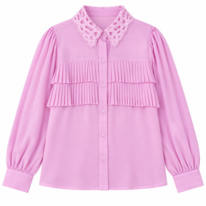 Blouses élégantes décontractées à manches longues pour femmes avec col en dentelle festonnée et double volant plissé sur le devant, idéales pour le bureau et les boutiques (vente en gros) - Product Image 1