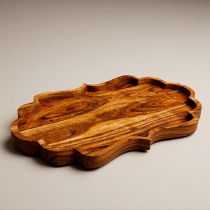 Bandeja de servir hecha a mano de madera de acacia con borde festoneado ornamental, decoración rústica estilo granja, bandeja de madera multiusos, bandeja de madera para servir alimentos. - Product Image 6