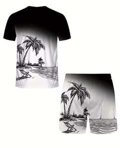 Conjunto de Camiseta y Pantalones Cortos con Estampado de Palmeras Tropicales para Hombre, Cuello Redondo, Secado Rápido, Ropa Casual de Verano, Tejido de Punto con Estampado por Sublimación - Product Image 1