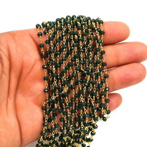 Chaîne de chapelet en perles d'émeraude hydrofuges, perles rondes facettées de 3 mm, chaîne enroulée de fil plaqué or pour la fabrication de bijoux - Product Image 3
