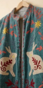 Anayra Craft Vintage Light Blue <b>Velvet</b> Suzani Floral Embroidered Blouson <b>Jacket</b> Rabbit Pattern Boho Full Sleeve Stand <b>Women</b> - Product Image 3