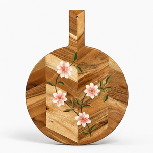 Tabla de servir y cortar de madera hecha a mano con diseño floral |   Tabla de cortar redonda de madera con asa - Product Image 3
