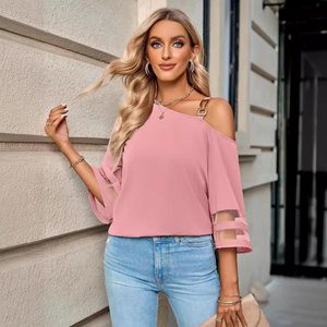 2026 <b>Women's</b> Sexy Casual Satin Blouse <b>Mesh</b> Panel Off-Shoulder Slim Fit Breathable Eco-Friendly <b>Top</b> Party Clubwear Metal Buttons - Product Image 6