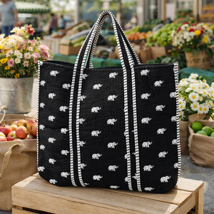 Black Elephant Print Cotton Tote Bag Large Capacity Reusable Shopping Bag Women Shoulder Handbag Wholesale Canvas Tote - Product Image 1