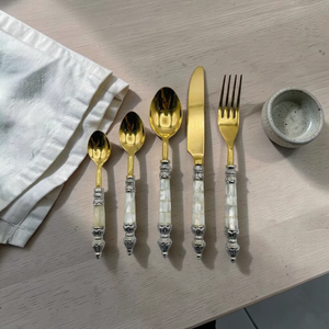 Gold Plated Cutlery Set With Mother Of Pearl Handles Vintage Design <b>Mirror</b> Finish Dinner Spoon Fork Knife Long Handle - Product Image 6